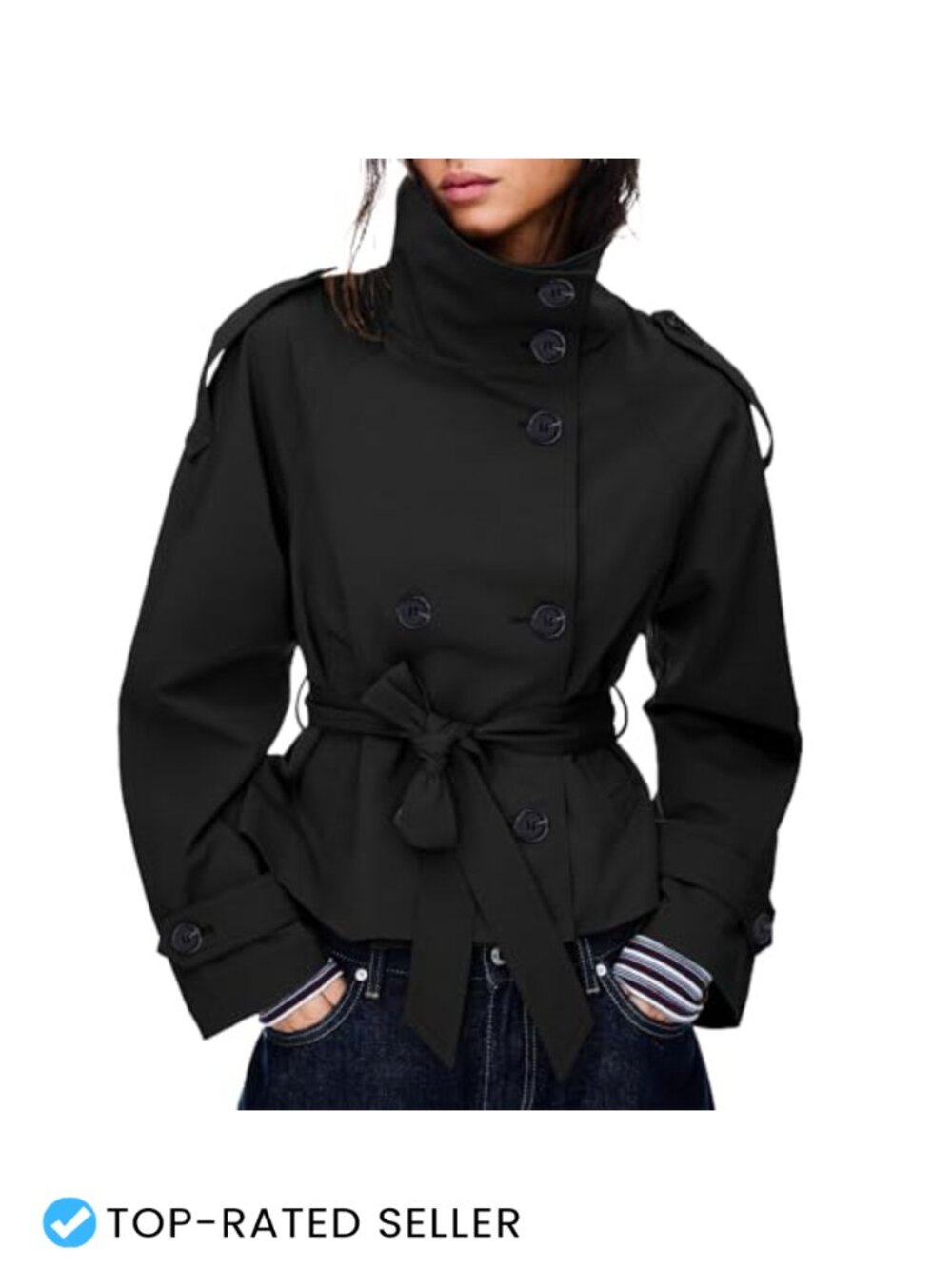 Women's Cropped Trench Coat Double Breasted Belted Fall Jacket